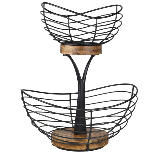 Tribello Modern Farmhouse 2 Tier Fruit Basket for Kitchen Counter, Vintage Wire and Wooden Base Fruit Bowl / Stand for Kitchen countertop Decor - Double Tree Fruit & Vegetables Basket