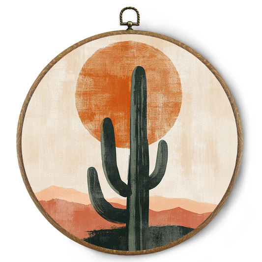 BitKAM Boho Western Round Wall Art Decor, Vintage Southwestern Mountain Cactus Desert Landscape Canvas Prints Framed, Western Boho Wall Hanging Decorations for Home Bedroom Office, 10x10 Inch Wall Sculptures