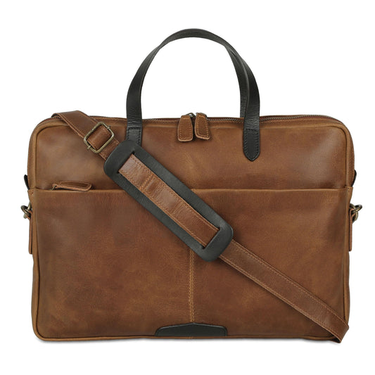 KomalC 15.5 Inch Leather Laptop Sleeve with Trolley Strap – Slim Genuine Leather Bag for upto 16" Laptops – Office Briefcase with Shoulder Strap & Organizer