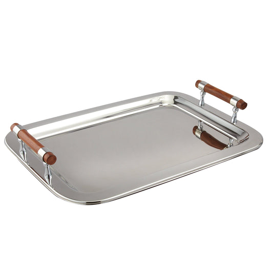 Elegance Stainless Steel Large Rectangular Tray with Wood Handles, 22 by 15.5-Inch, Silver