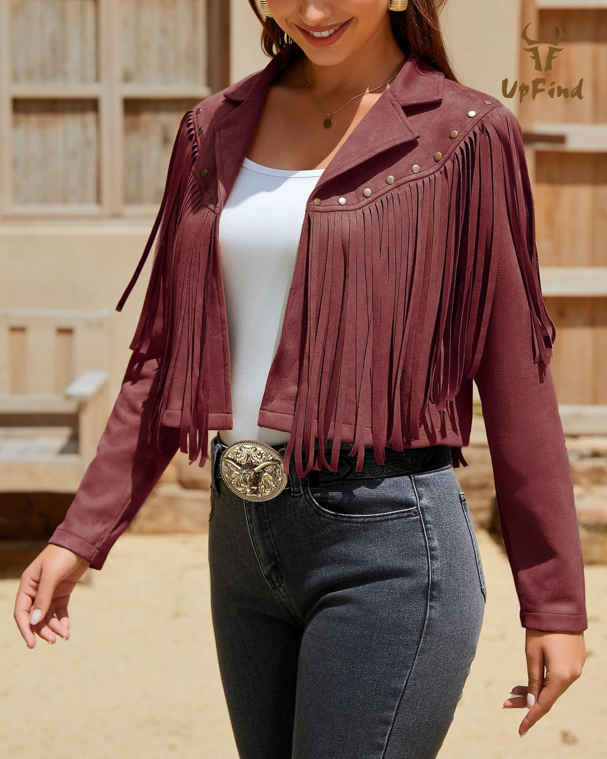 UpFind Women's Fringe Faux Suede Leather Jackets Fashion Fall Western Tassel Motorcycle Cropped Open Front Coats with Rivets, Wine Red/Large