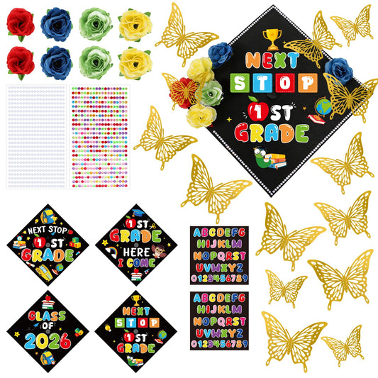 cosmisun Kindergarten Graduation Cap Decorations - 28 Pcs DIY Grad Cap Decorations Kit, Faux Flowers 3D Butterfly Rhinestones Pearl Stickers for Hat Topper Crafts Gift, 2026 Graduation Party Supplies