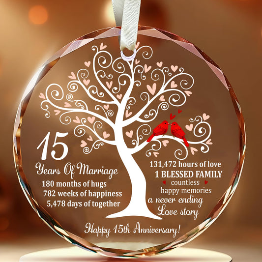 Bozspacer 15th Wedding Anniversary Ornament for Parents Couple Wife Husband - Crystal Anniversary Wedding Gift Ideas - Christmas Glass Ornament for 15 Years Marriage