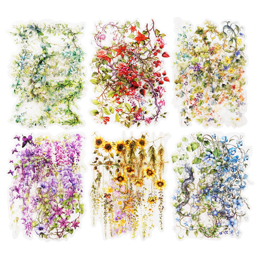 AuriicLeaf Floral Vine PET Stickers, 120 Pcs Large Botanical Ephemera for Scrapbooking, Journaling, DIY Crafting, and Art Supplies