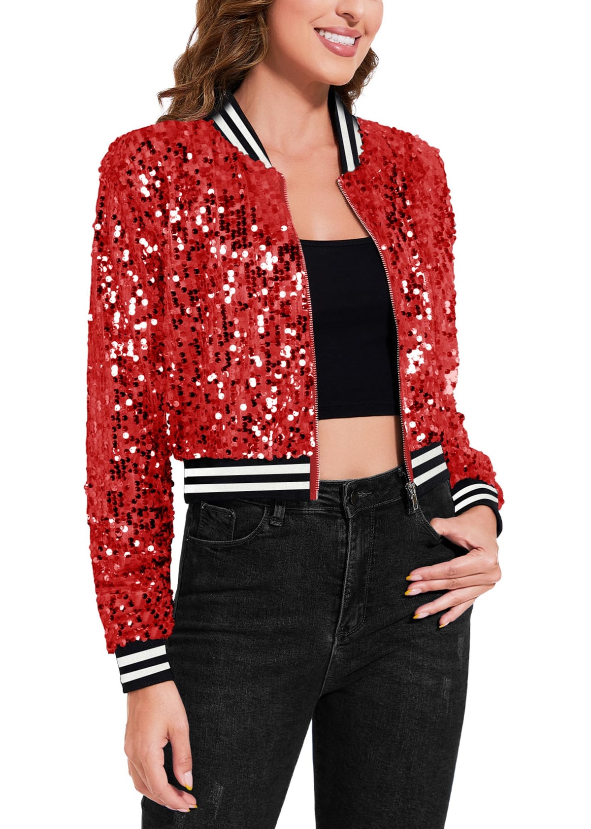 Anna-Kaci Women's Sparkly Sequin Cropped Jacket Long Sleeve Zipper Up Party Club Bomber Jacket, Red, X-Large