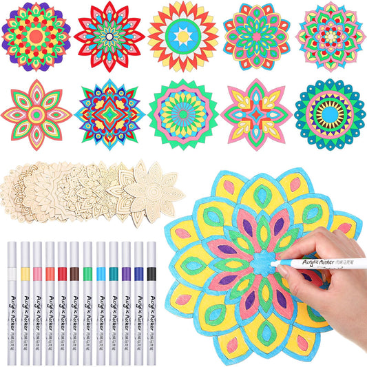 Vercraft 22 Pcs Wooden Mandala Painting Set 10 Mandala Unfinished Wood Cutouts with 12 Markers for Crafts Diwali Craft Wood Slices for Adults Painting DIY Tags Wedding Home Decors(Artsy Style)