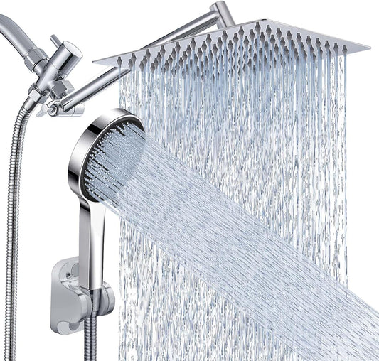 Regine Switzerland Rain Shower Head - 10 Inch High Pressure Dual Showerhead Set with Handheld Spray | Silver