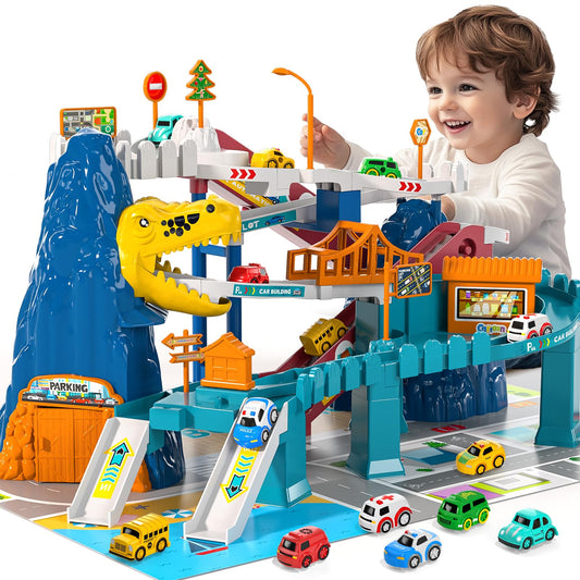MSKOLER Dinosaur Race Car Tracks for Toddlers 2-4 Years, Dinosaur Climbing Hills Railcar, Toy Car Track Play Set with 7 Small Race Cars, Preschool Birthday Gifts for 3 4 5 6 7 8 Year Old Boys Girls