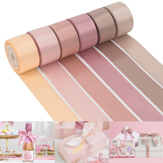 HUIHUANG Dusty Rose Wedding Ribbon Double-Faced Satin Ribbon Assortment 1" Wide Rose Pink Silk Ribbons for Gift Wrap Wedding Bridal Baby Shower Decor Flower Bouquet Crafts- 6 Colors X 5 Yards Each