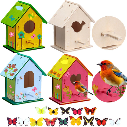 Outus 24 Pcs Wooden DIY Birdhouse Kits for Kids to Build, 4 Shapes Birdhouse Kit Wooden Unfinished with Butterfly Sticker for Boy Girl Arts Crafts(Lovely)