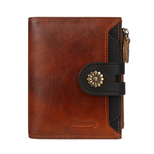 Blucoay Leather Wallet Women,RFID Blocking Womens Wallet Bifold Compact Small Wallet for Women Card Holder with Zip Coin Pocket Brownblack