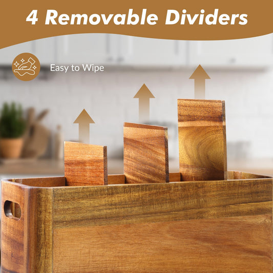 Kitchen Utensil Holder for Counter or Countertop, Extra Large Acacia Wood Organizer with 4 Compartments, Wooden Storage for Cooking and Silverware, Rustic Minimalist Decor, Sturdy Utensil Crock