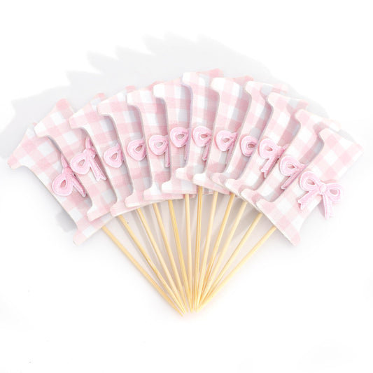 12Pcs Bow 1st Birthday Cupcake Toppers - Sweet One Birthday Decorations,First Wedding Anniversary Bowknot Cupcake Toppers,Pink Bow Cake Smash Photo Props,Coquette Party Table Centerpieces