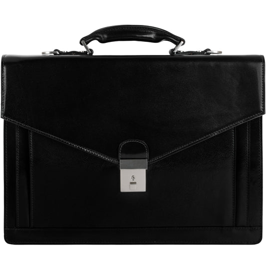 Time Resistance Leather Briefcase for Men - Business Laptop Bag - Italian Handmade Leather Bag - Attache - Gift Box Included (Black)