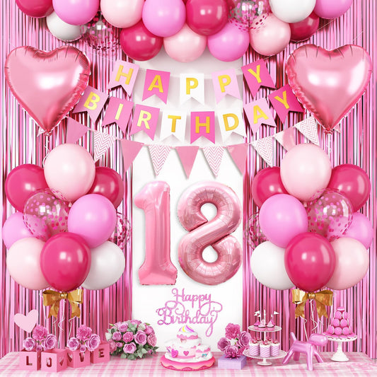 18th Birthday Decorations for Girls,Hot Pink 18th Birthday Balloons with Happy Birthday Banner Fringe Curtain Heart Foil Balloons for 18 Year Old Birthday Decor