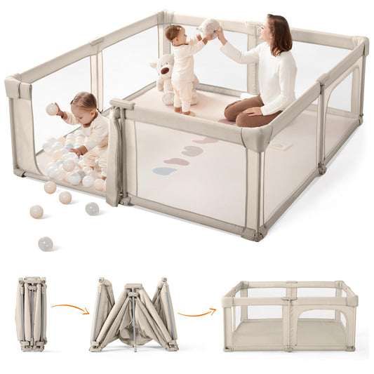 Sweeby Baby Playpen, 59x59 Inch Gate Foldable for Babies and Toddlers, Extra Large with Door Play Yard for Fence Indoor and Outdoor, Light Khaki