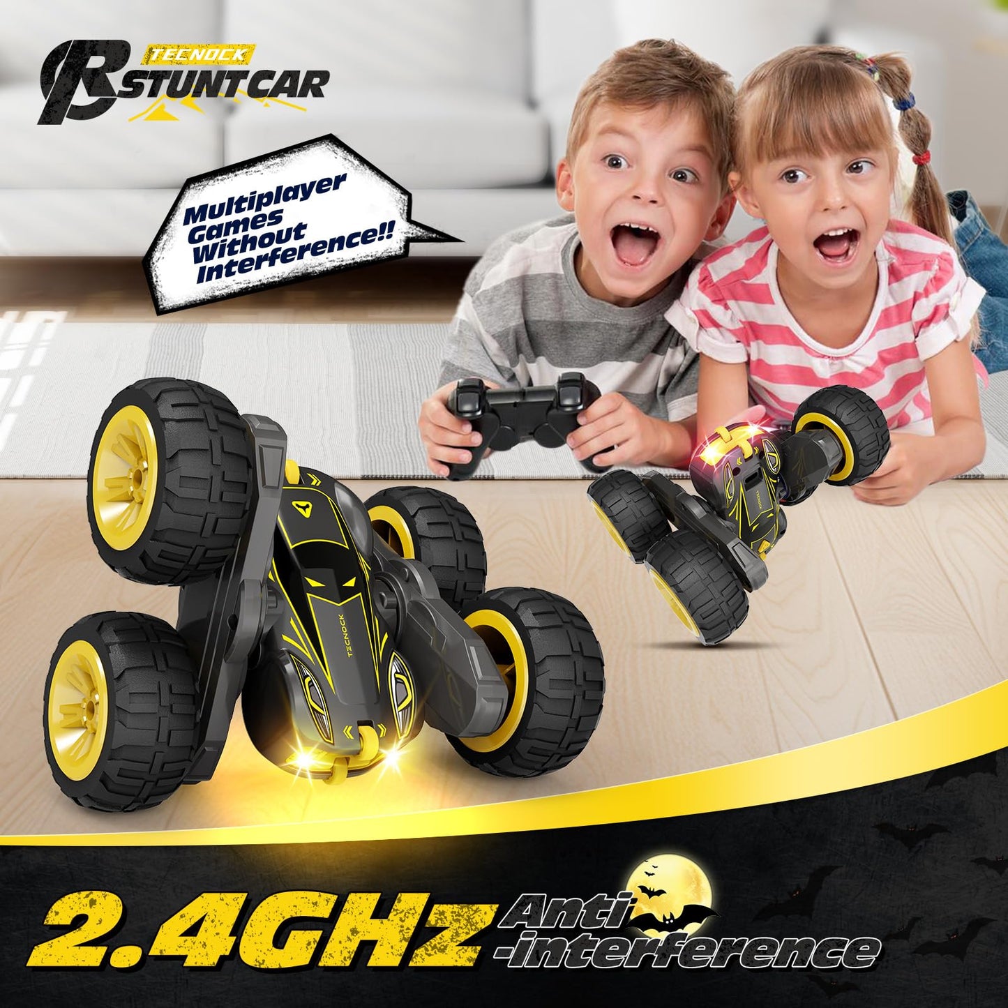 Tecnock Remote Control Car for Kids, 2.4GHz RC Cars with USB-C Easy Charging, 4WD Double Sided 360° Rotates and Flips RC Stunt Car, Toys Gift for Boys and Girls Ages 6-8, 8-12