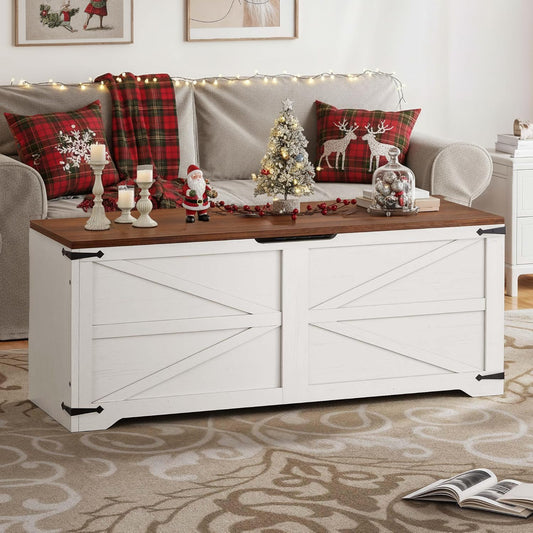 DWVO Storage Bench, 47.2" Farmhouse Storage Chest with 2 Safety Hinges, Wooden Utility Organizer, Shoe Bench for Entryway, Bedroom, Living Room, White and Walnut