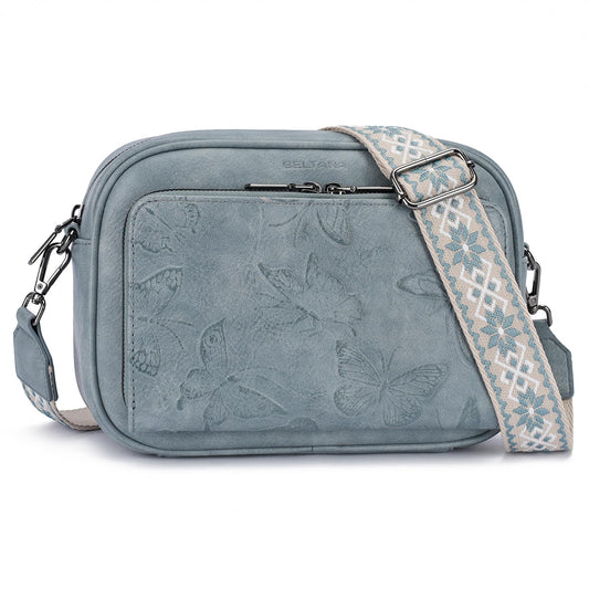 BELTANA Women's Vegan Leather Crossbody Purse with Built in Wallet, Butterfly Trendy Shoulder Handbag with Adjustable Strap (BLUE)