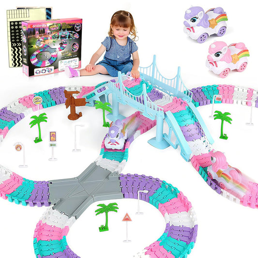 268 PCS Unicorn Race Tracks for Kids Toys, Glow in The Dark Magic Toy Set, 2 Unicorn Cars Track, Flexible DIY Track Set, Birthday Gift for Age 3-9 Boys Toddler Girls