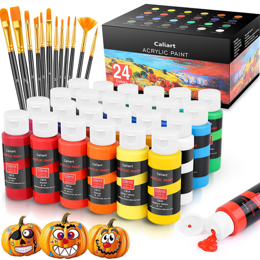Caliart Acrylic Paint Set with 12 Brushes, 24 Colors Wood Craft Paints for Adult Artist Beginner Painter, Rich Pigments, Halloween Pumpkin Canvas Ceramic Rock Painting Art Kit Supplies