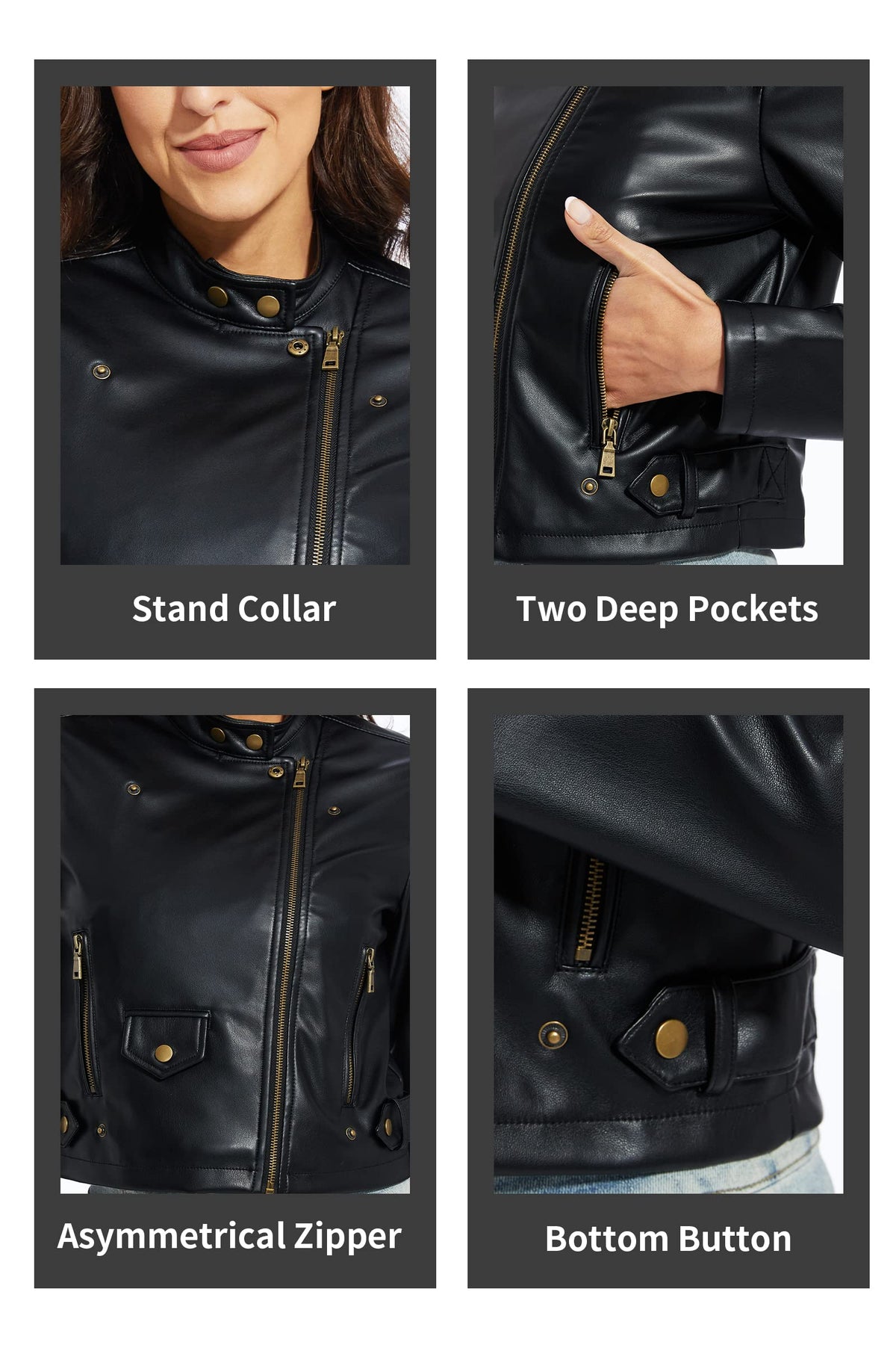 Fahsyee Faux Leather Jacket Women - Black Motorcycle Cropped Short Coat Moto Biker Blazer Slim Size Casual Soft Jackets Fashion M