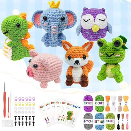 YHOYUJIA 6Pcs Crochet Kit for Beginners, 2026 DIY Craft for Adults, Great Gift for Crochet Lovers, Crocheting Animal Kits with Step by Step Videos,Yarn,Crochet Hook,Birthday Holiday Gift