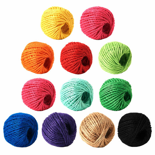 HSTECH 12 Rolls 2mm 3 ply Colorful Natural Jute String for Artworks, Handmade Crafts, Plant Hanger, Gift Wrapping String, DIY Crafts, Picture Display and Embellishments, Gardening