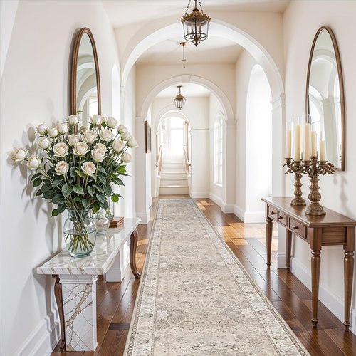Hallway Washable Runner Rug - Vintage Soft Non-Slip 3x20 Floor Mat for Kitchen & Entryway | Beige