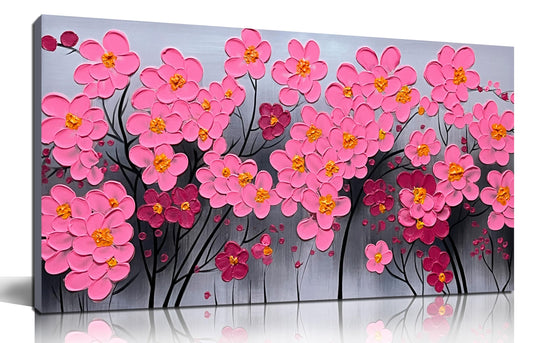 3D Pink Floral/Flower Wall Art for Living Room, Modern Hand Painting Textured Wall Decor Handmade Canvas Decorative-Picture Artwork for Bedroom Office for Home Decor, Size 40x20 Inches