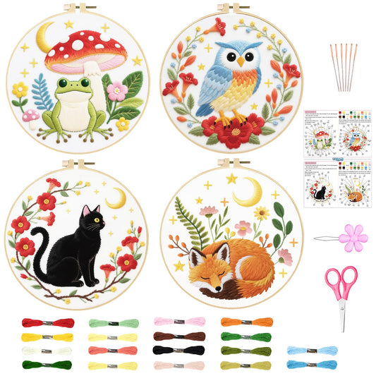 ORIGACH 4 Pack Animal Embroidery Kits Cat Frog Owl Fox Embroidery Sampler Kit Include Adjustable Hoops and Instruction Starter DIY Needlepoint for Adult Beginners