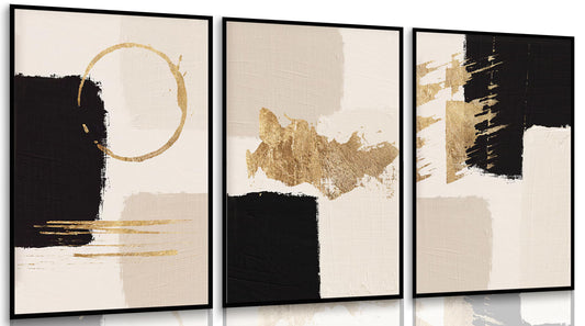 3pcs Black Gold Abstract Wall Art Bohemian Simple Geometric Canvas Poster Print Modern Beige Picture Painting Wall Decor for Living Room Bedroom Office Decoration Frameless