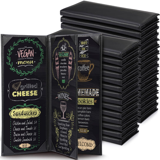 Jexine 30 Pcs Leather Menu Covers Holders - 4.25 x 11 Inches 4 View Fold Black Leather Menu Book with Angled Corners Waterproof for Restaurant Cafe Bar Wine Drinks List Covers Set