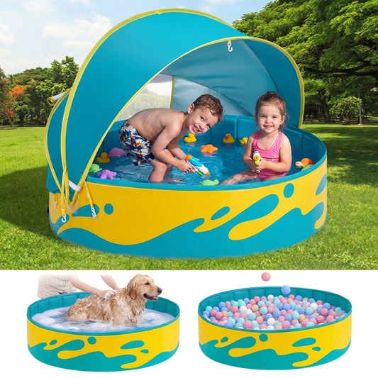 Peradix Paddling Pool for Kids and Pets, 48in Portable Baby Pool with Canopy Non Inflatable & UV Protection, Toddlers Ball Pit and Kiddie Splash Toys for Backyard Beach Tent Easy Pop Up Outdoor