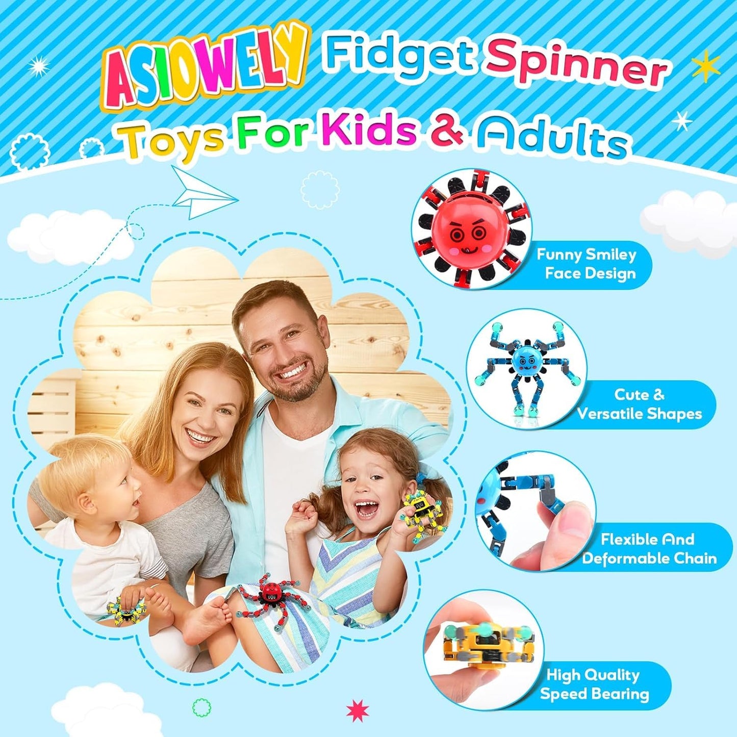 ASIOWELY Transformable Fidget Spinner Toys for Kids and Adults,10 Pcs Sensory Toy for Boys Girl ADHD Stress Relief Toys,Fingertip Gyros Travel Toy Party favors for Teens Birthdays Gifts Easter Present