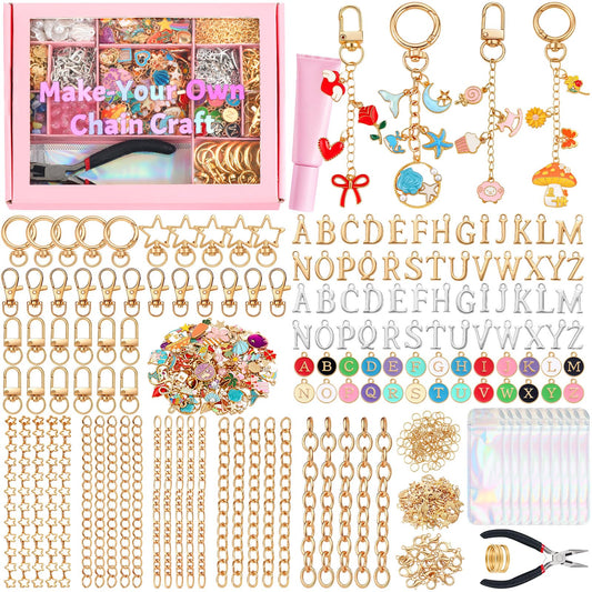 JOICEE 585Pcs Charms lip Gloss Keychain Making Kit, DIY Jewelry Crafts Making Kit with 192 Enamel Pendants 30 KeyChain Hooks 30 Chains and 333 Accessories Tools for Girls Adults Birthday Holiday Gifts