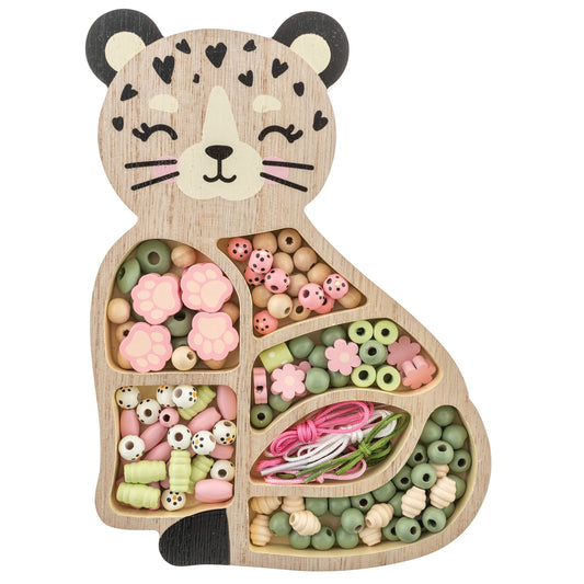 Stephen Joseph, Jewelry Making Kit for Girls Ages 3–8, Wooden Beads, DIY Bracelet Necklace Kit, Friendship Bracelet Gift, Arts & Crafts, 125 Beads, Toddler Gift with Reusable Storage Tray, Leopard