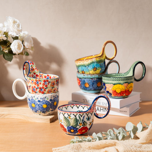 silesia Handmade Loop Handle Soup Bowl, Plate and Spoon Set Ceramic Hand Painted Cereal Bowl Great for Soup, Ice cream, Snack, Stew in Gift Box, Dishwasher & Microwave Safe, Glazed Green