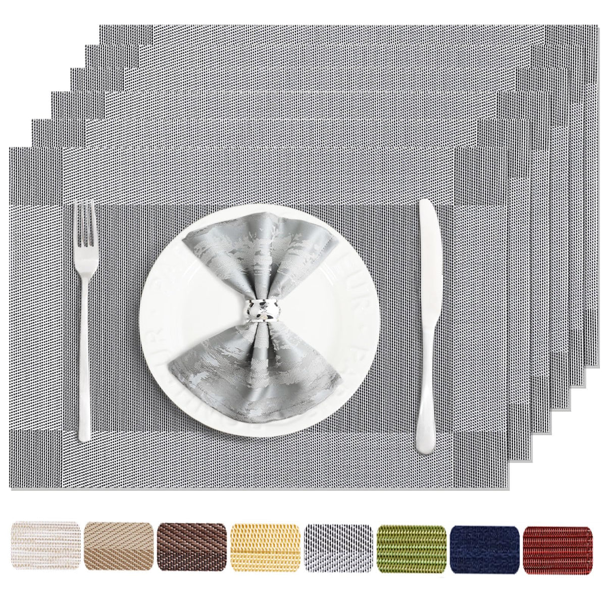 Uolr Placemats Set of 6 Washable&Wipeable Silver Place mats for Dining Table Kitchen Indoor Outdoor Table Mats Heat Resistant Non Slip Woven Vinyl Table Placemats (Grey，6PCS)