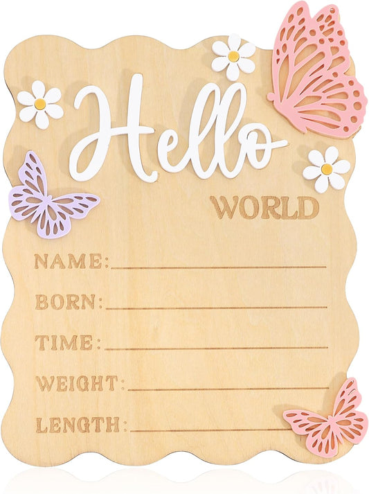 TERJIO Butterfly Daisy Hello World Board - Little Butterfly Birth Announcement Sign,Wooden Hello World Card