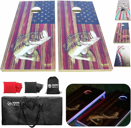 LED Cornhole Board Set 4FTx2FT Solid Wood Regulation Size Cornhole Set with LED Lights Includes 8 Cornhole Bags for Adults (USA Flag & Fish, 4'x2')