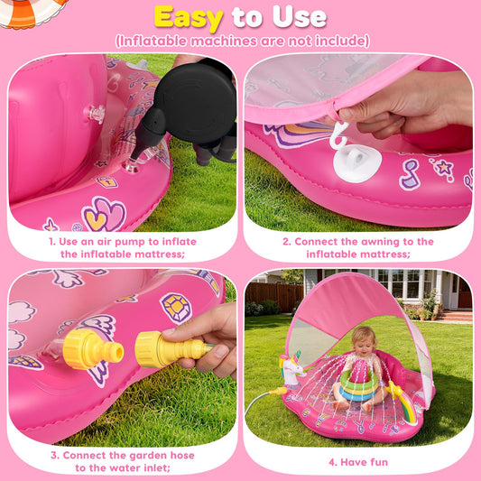 Baby Pool Float with Sprinkler, Inflatable Baby Splash Pad with Stackable Rings Game, Baby Splash Mat with Canopy & Backrest for Toddlers Garden, Beach, Backyard and Bathroom (Pink)