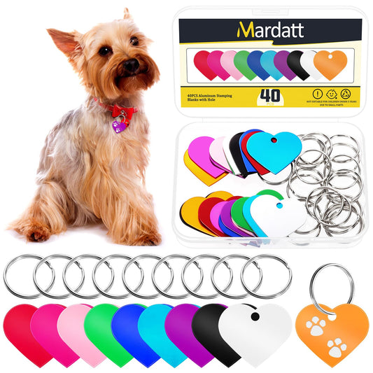 Mardatt 40Pcs(20 Set) Aluminum Blank Tags with Key Ring Kit, 10 Colors Heart Stamping Blanks Engraving Blank Discs Dog Tag Pet Tags for DIY Decorative Craft, 38 x 33 x 1mm