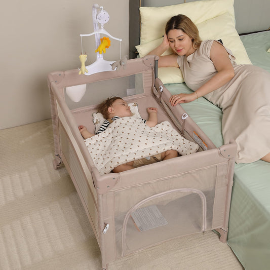 4 in 1 Pack and Play, Portable Travel Baby Bassinet, Foldable Travel Playard Playpen for Toddler, Bedside Crib Sleeper, Diaper Changer Table, Baby Playard for Newborn (Champagne)