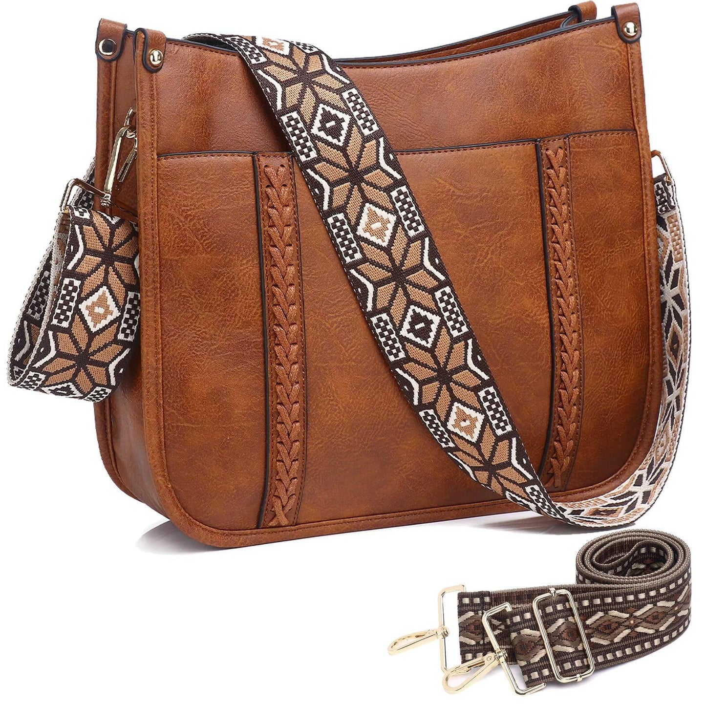 AUYOCO Vegan Leather Crossbody Bags for Women, Crossbody Purse with Guitar Strap Zipped Pockets Handbag Shoulder Bag