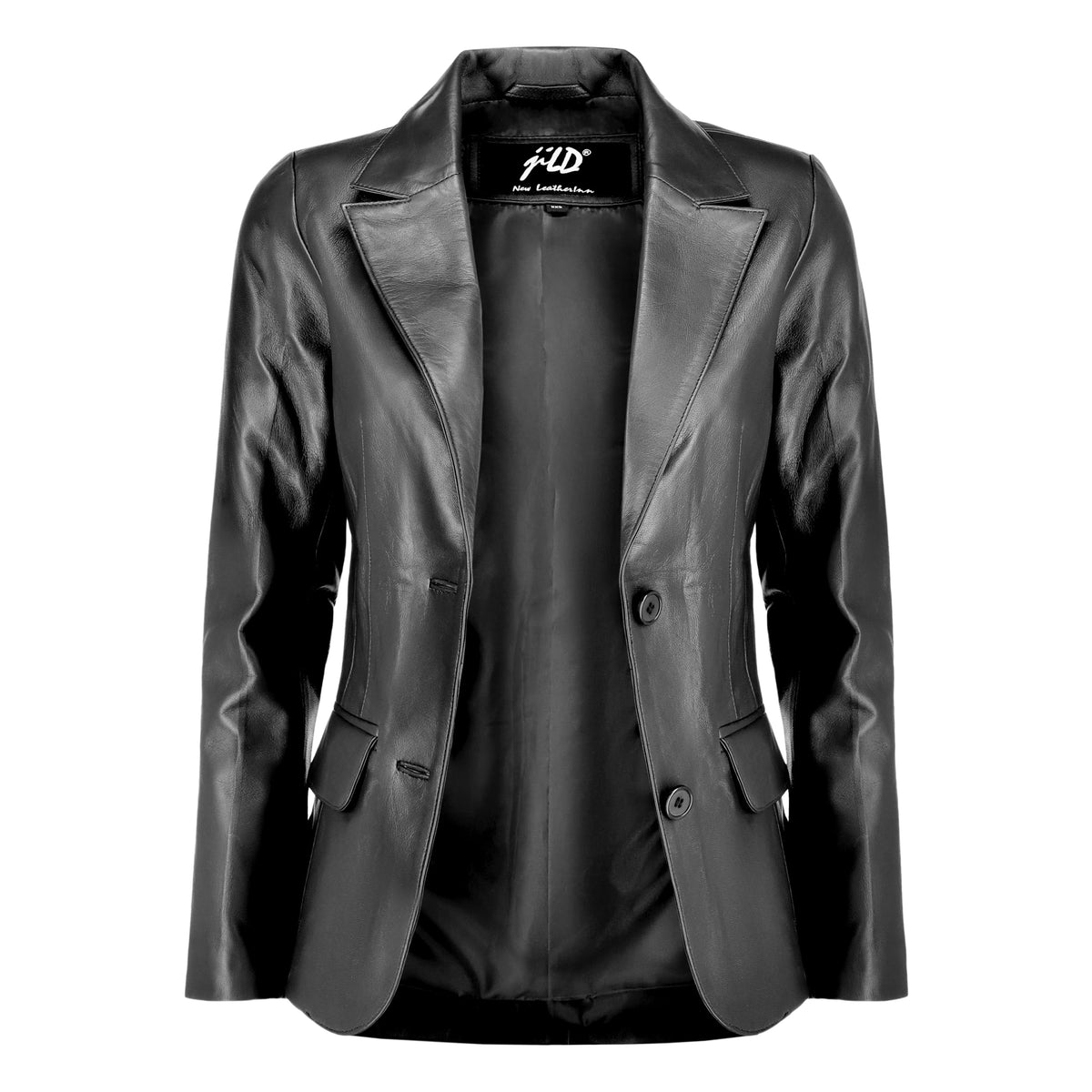 Jild Classic 2-Button Lambskin Leather Blazer Women - Casual Coat Long Sleeves Suit Style Leather Jacket Women (LC-BLK-L)