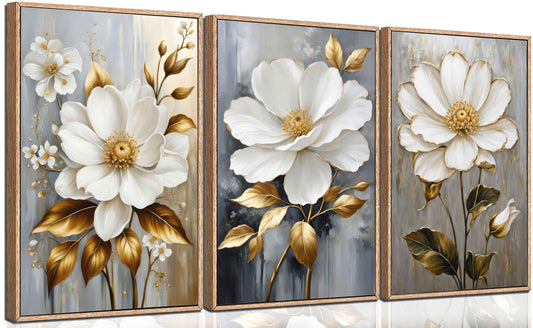 3Pcs White Flower Gold Leaf Canvas Wall Art Modern Plants Flowers Painting Decor Pictures Neutral Floral Bloom Posters Prints for Office Living Room Bathroom Bedroom Decoration No Frames