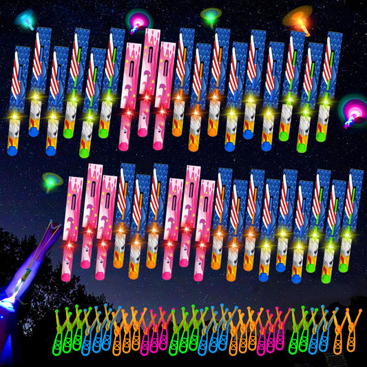 Bloolilies 72 Pcs LED Flying Toys Set, Glow in the Dark Party Supplies with 36Pcs Slingshots+36Pcs Glow Helicopters Rocket Launcher Light Up Outdoor Toys Birthday Gift Party Favors for Kids 4-8 8-12