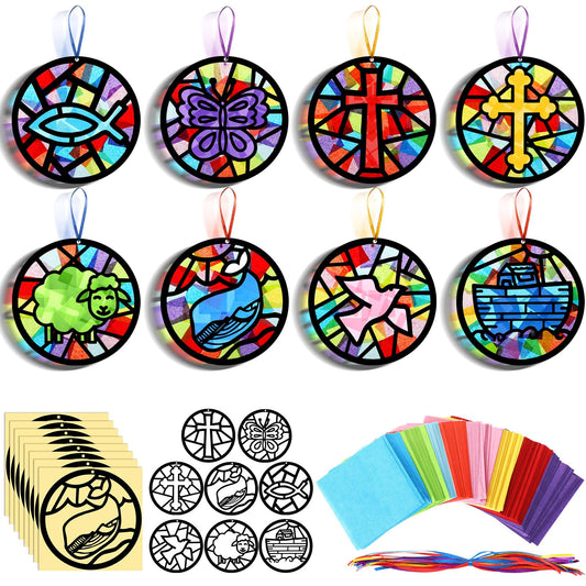 Eersida 32 Pcs Christian Suncatcher Craft Kit,Religious Stained Glass Tissue Paper VBS Sunday School Bible Crafts Bible Story Christian Window Decor for Classroom Church Group School Faith Decor