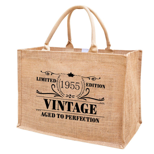 1955 Burlap Jute Tote Bags for Women, 71th Birthday Gifts, Vintage Reusable Grocery Water Resistant Beach Bags, Christmas Mother's Day Appreciation Decorations for Grandma, Mom, Mama, Teachers